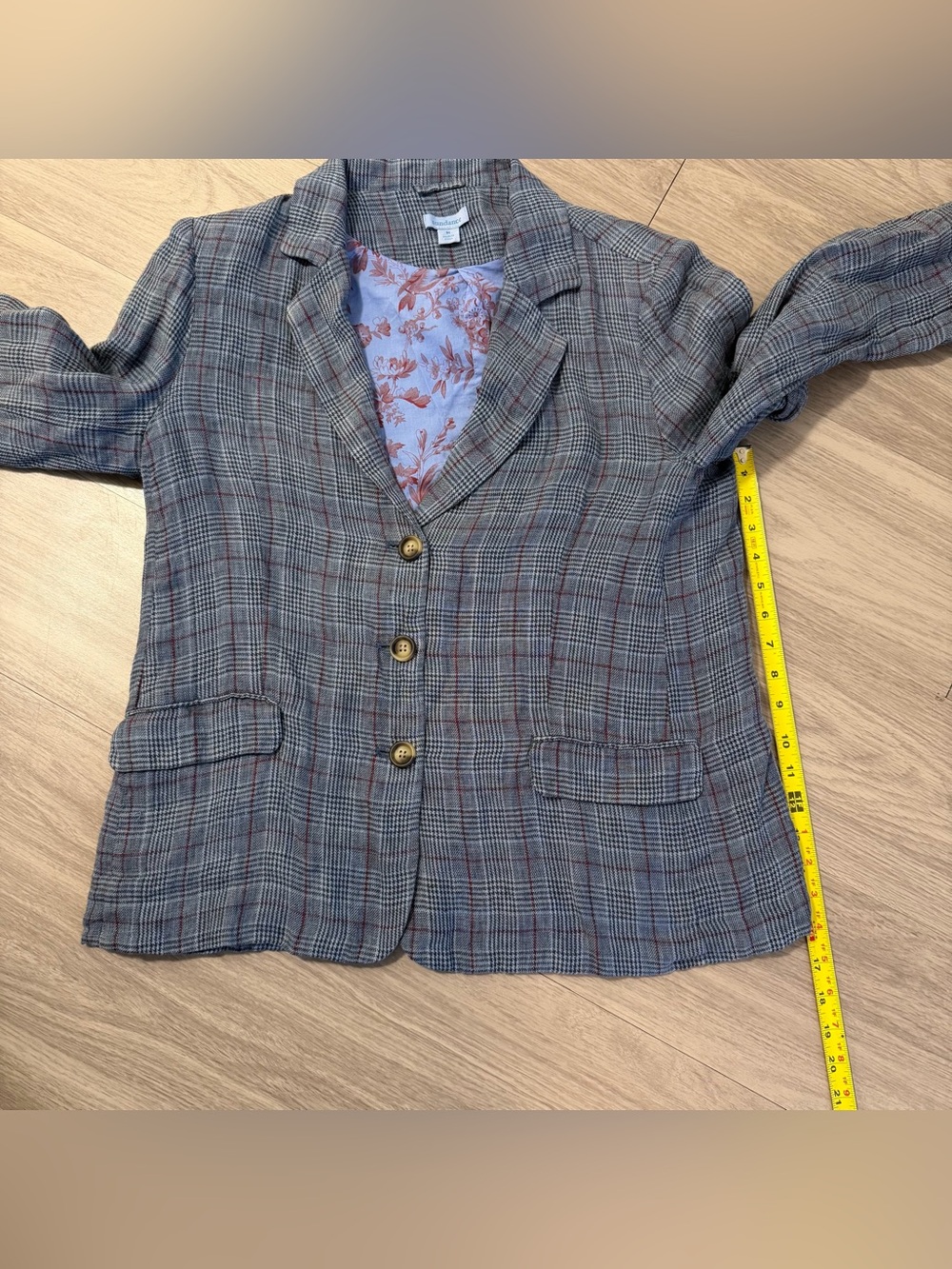 Sundance, 100% Linen Blazer Jacket Plaid Blue Bird Floral Lining | Women Size M - Picture 9 of 9